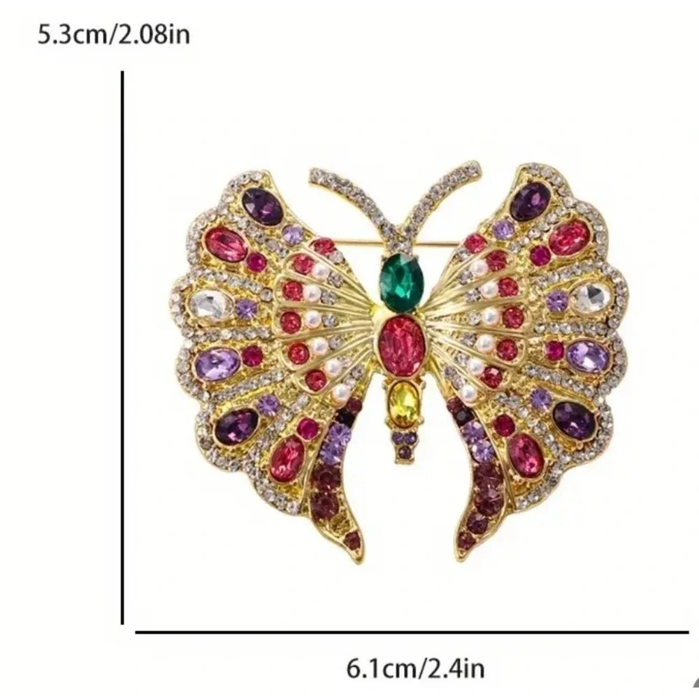 Butterfly Brooch Pin Gold Tone Rhinestone Jewel Tone‎ Statement Jewelry